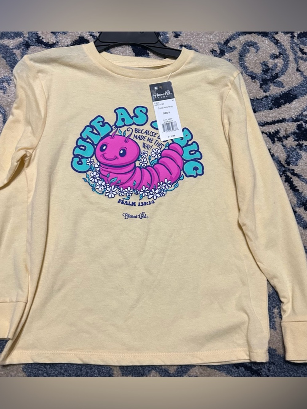 Blessed Girl Kids Long Sleeve T-Shirt Cute As A Bug, Soft Yellow